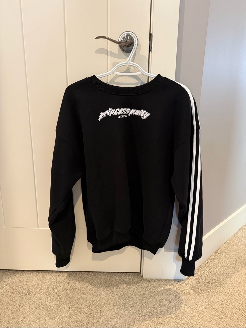 Princess Polly Black Crewneck Sweater with White Sleeve Stripes